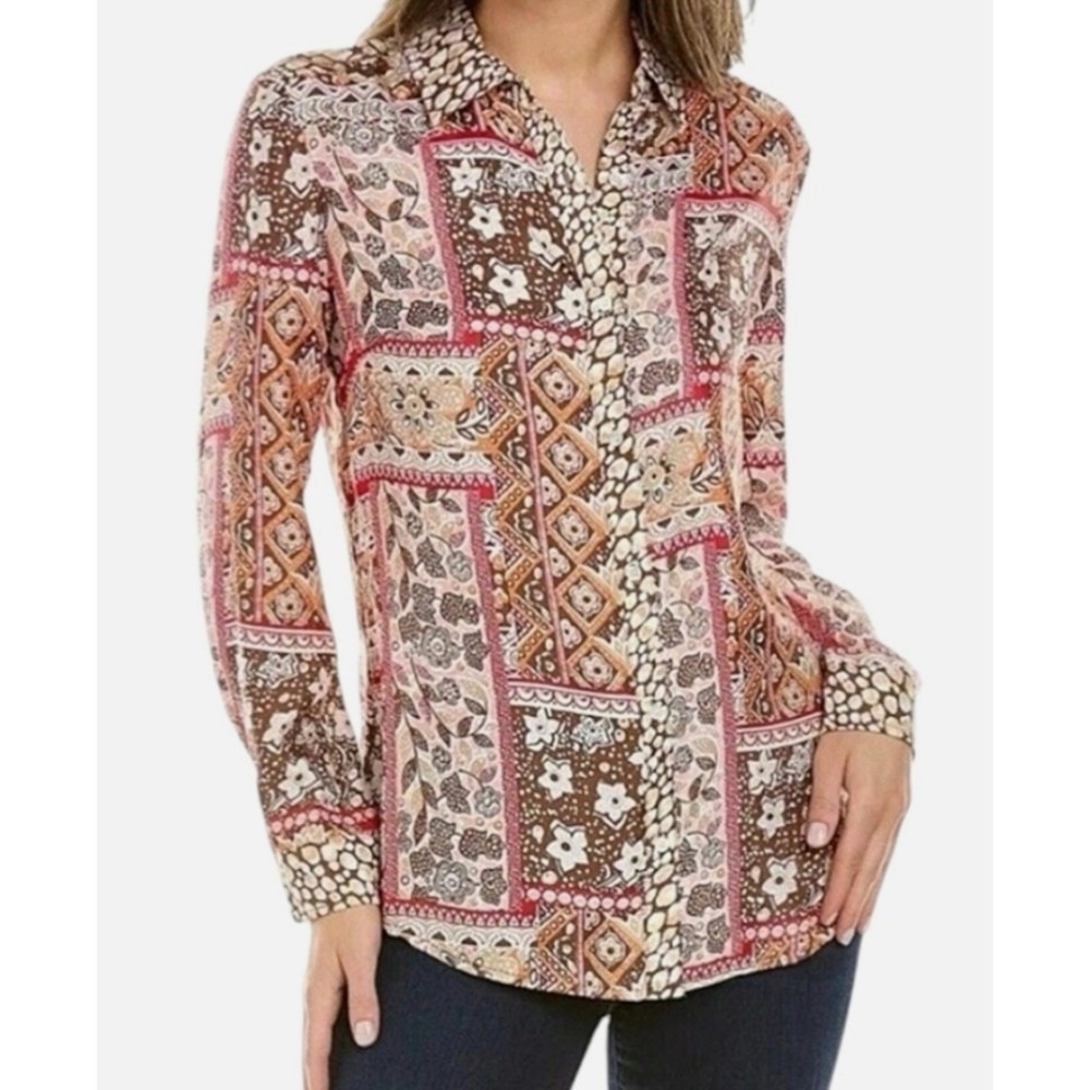 J McLaughlin Patchwork Pattern Silk Blend Long Sleeve Button Down Shirt Womens L